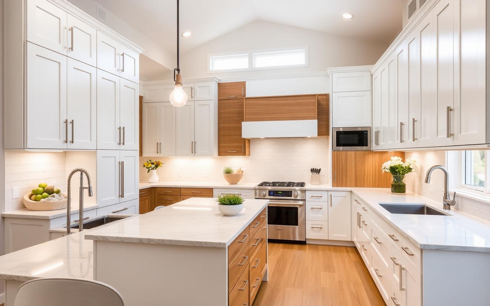 Custom-remodeled kitchen with white shaker cabinets and quartz island in a Bergen County home